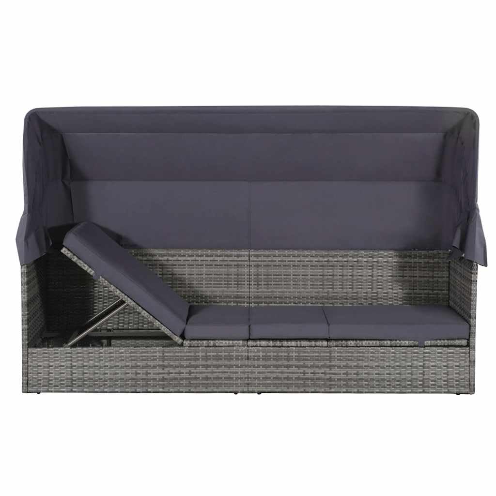 Lettino da giardino con baldacchino, 205 x 62 cm, in polyrattan, colore: grigio | Comoda isola parasole in rattan per terrazza, piscina e giardino. Con tettuccio parasole regolabile e comoda imbottitura.