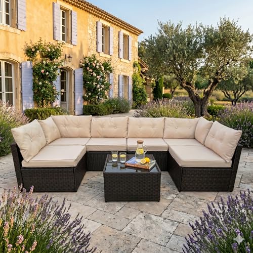 CONCEPT USINE | Salon de Jardin NACULA 6 Places 274 cm Résine Tressée Marron | Grand Salon Extérieur Convivial | Mobilier Jardin Terrasse Piscine |...