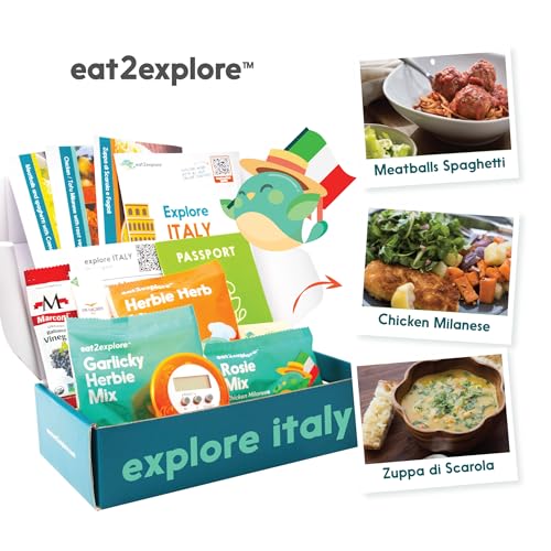 eat2explore Cooking Kits for Kids - Interactive & Educational Set with 3 Recipe Cards, Key Ingredients & Cooking Tools - Ideal Idea for Kids who Love to Create Meals (Italy Edition)