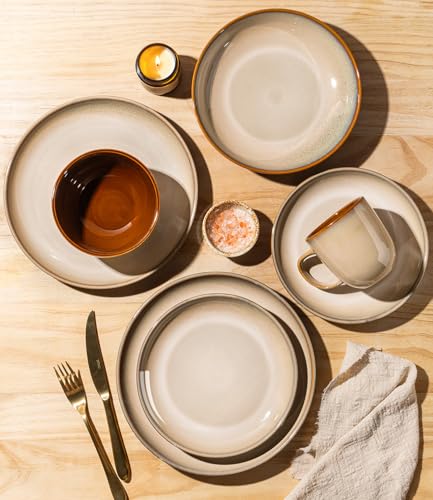 Image of LERATIO Ceramic Dinnerware Sets for 4, 12 Pieces Ceramic Plates and Bowls Sets, Scratch Resistant Dish Set, Oven, Microwave & Dishwasher Safe-Pale Kahki