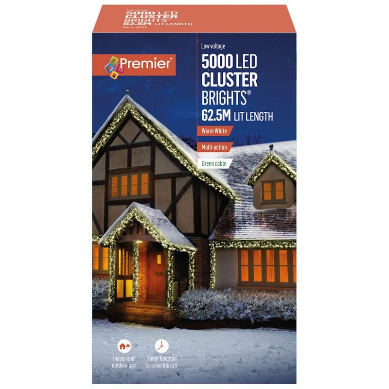 Premier 62.5m 5000 Warm White LEDs Indoor Outdoor Cluster Christmas Lights with Timer