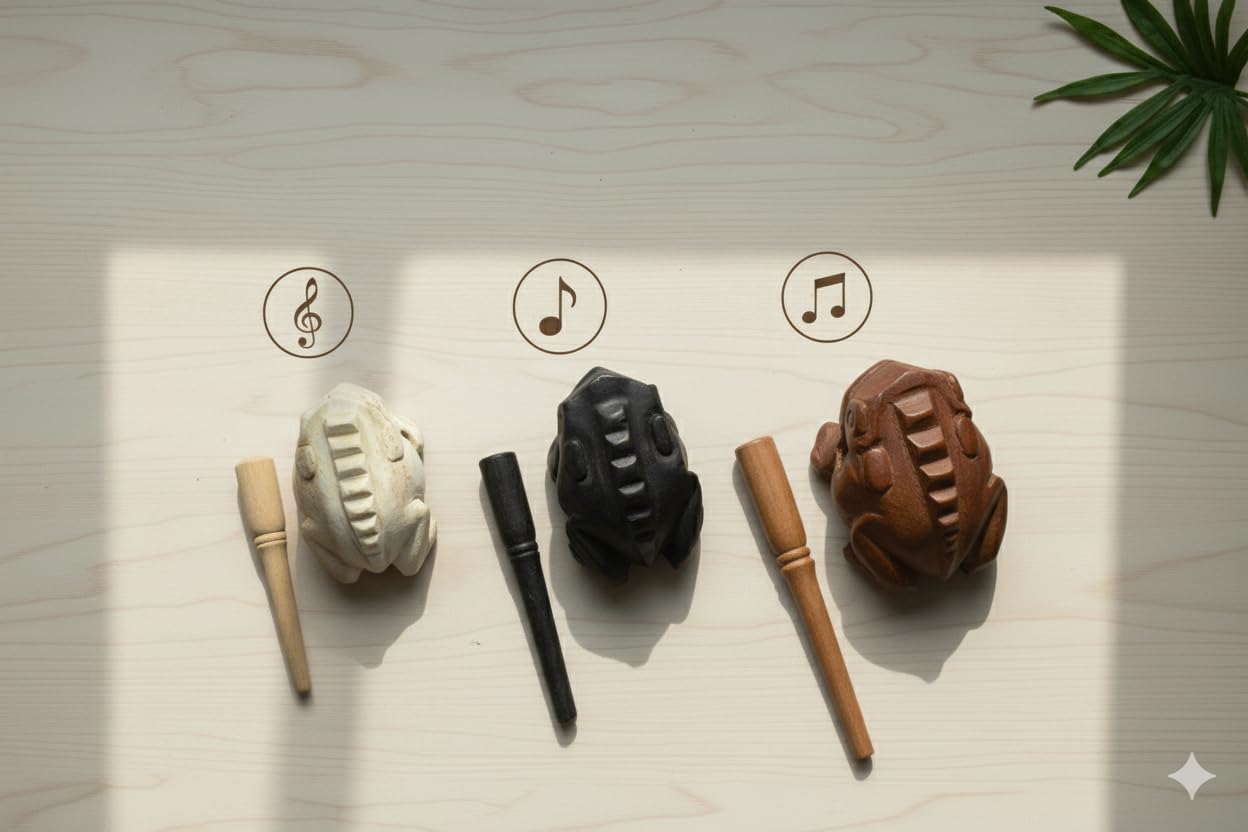 Guiros Percussion Instruments Holzfrosch, 3-teiliges Set, 10,2 cm, 7,6 cm, 7,6 cm, 7,9 cm, Musikinstrument (Braun/Schwarz/Naturfarbe) (Luftpolsterfolie)