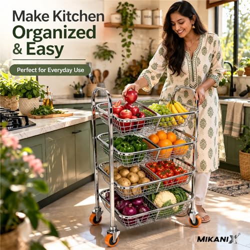Image of MIKANIX Stainless Steel Vegetable & Fruit Storage Rack with Wheels, Kitchen Storage Basket Organizer, Rust Proof Stand for Onion, Potato, Fruits & Vegetables Trolley (4 Rack & 8 PARTITION)