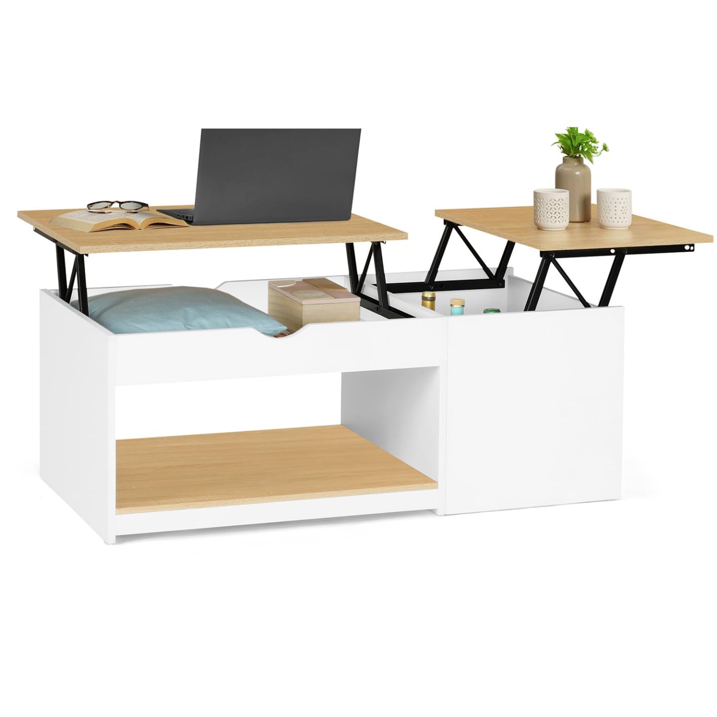 IDMarket – Mesa baja con 2 bandejas elevables EYLA con baúl de madera blanca y haya
