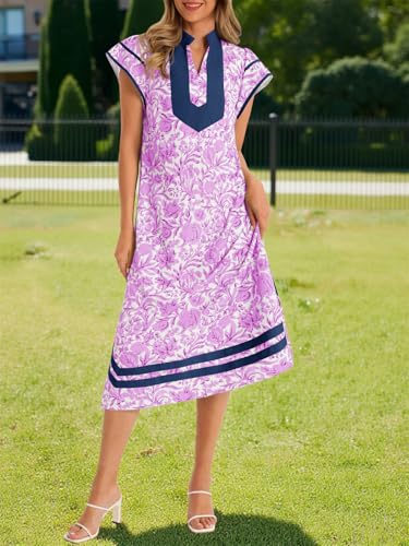 Image of Wenrine Womens Summer Floral Maxi Dress Casual Short Cap Sleeve V Neck Color Block Side Slit Loose Boho Beach Dresses