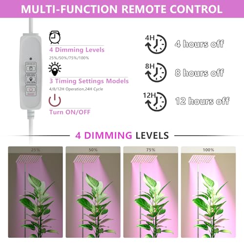 Image of BESTVA 48W Grow Lights for Indoor Plants with Stand, Full Spectrum LED Plant Light for Indoor Plants,12-59 Inches Height Adjustable Growing Lamp with Auto On /Off Timer 4H /8H /12H, 4 Dimmable Brightness