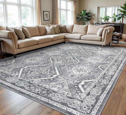 KUTA Vintage Area Rugs 9x12 Living Room Grey, Non-Slip Extra Large Rug 9x12 for Bedroom, Washable Dining Room Carpet 9 by 12, Low-Pile Ultra Soft Printed Distressed Cozy Throw