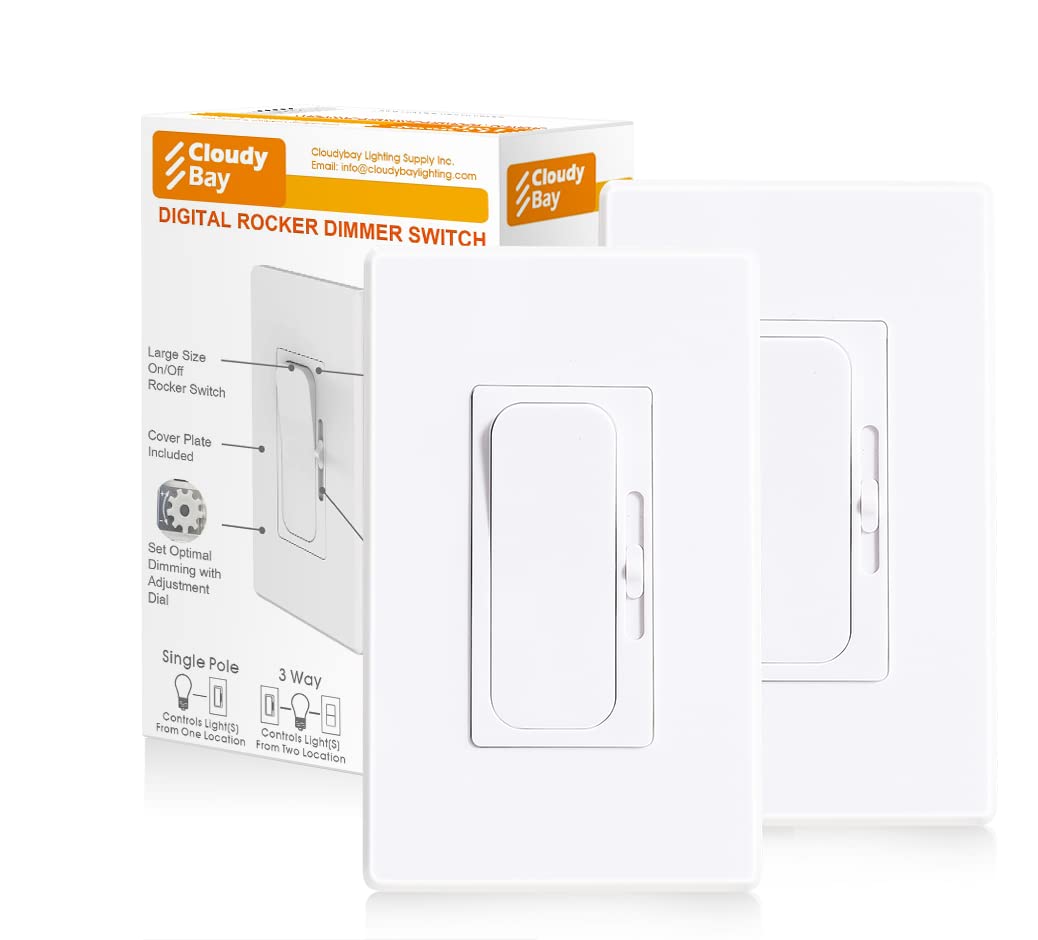 CLOUDY BAY in Wall Dimmer Switch for LED Light/CFL/Incandescent,3-Way Single Pole Dimmable Slide,600 Watt max,Cover Plate Included,White,2 Pack
