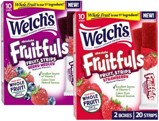 Welch’s Absolute Fruitfuls Fruit Strips, Tasty Dried Fruit Snacks for School Lunches, Berry Medley & Strawberry, 0.5oz (Pack of 20)