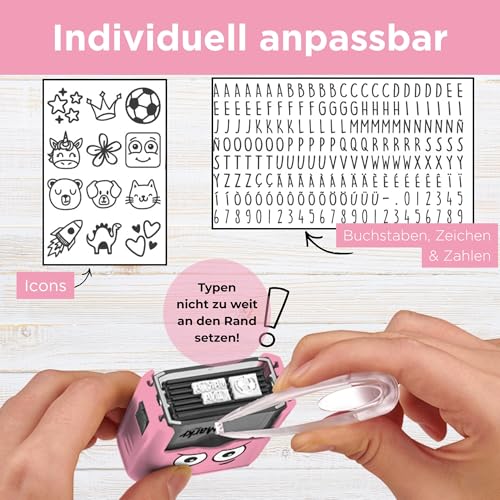 MARKY C166668 - Stempel Set in Rosa, mit schwarzer Tinte zum Beschriften verschiedener Gegenstände und Kleidung, inkl. Austauschbarer Stempel, einer Pinzette und Sticker