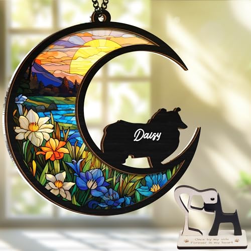 VinaTimes Rough Collie Dog Memorial Suncatcher & Portachiavi in legno con nome del cane personalizzato ornamento da appendere alla finestra Pet of Loss Dog Sympathy Gift per gli amanti dei cani da
