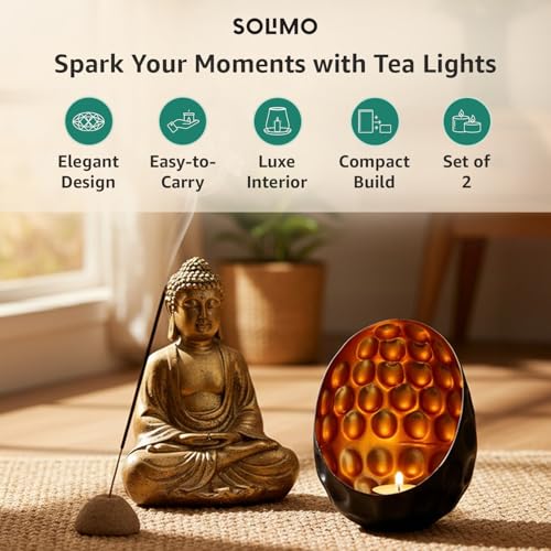 Image of Amazon Brand - Solimo Tea Light Votive - Oval Diamond Design, Black Iron with Gold Interior, Set of 2 (Size: L-12 cm x W-11 cm x H-15 cm)