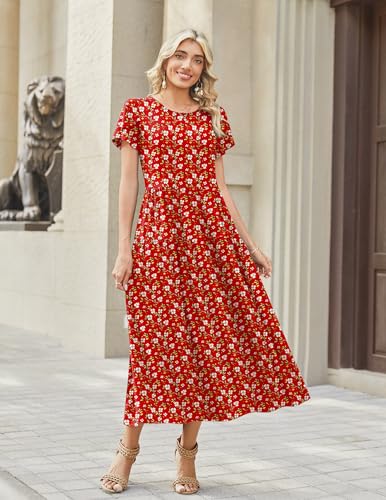 Image of Zeagoo Summer Dresses for Women 2026 Maxi Bohemian Floral Short Sleeve Long Dress Casual Flowy Tired Beach Sundress