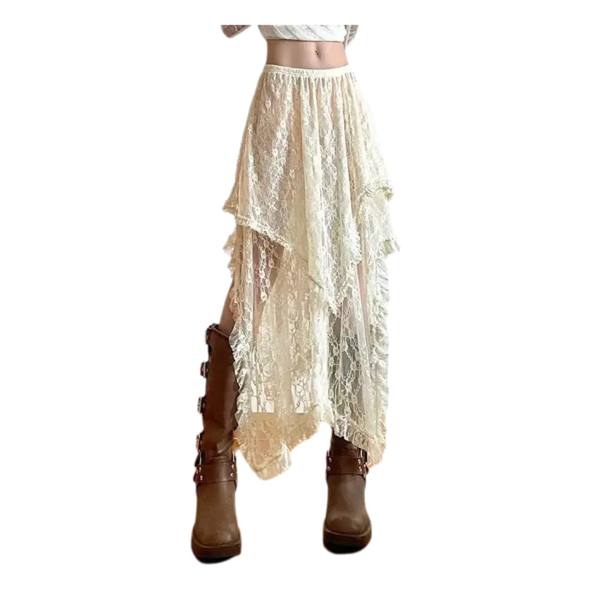 Jupe midi asymétrique femme en dentelle beige haute taille style rétro Y2K