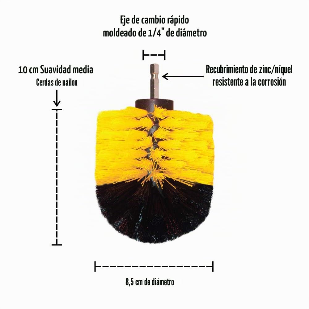Cepillo Premium para Taladro, Medianamente Suave, Amarillo, Juego de 5 Piezas. No Raya Las Superficies. Adecuado para Limpiar Baldosas, Juntas, Bañera, Ducha, Fibra de Vidrio y Cerámica