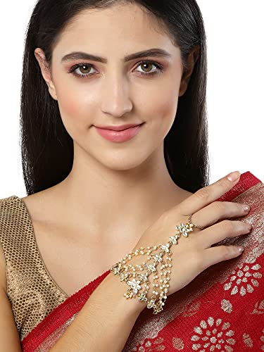 Image of Karatcart Gold Plated Baby Pink Pearl Chain Kundan Hathphool