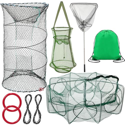 JaGely 5 Pcs Fishing Net Accessories Include Fishing Landing Net with Handle, 26in x 13in Portable Folded Cast Net, 8 Holes 8 Sides Collapsible Fishing Bait Trap, Fishing Keep Net, Drawstring Bag
