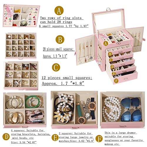 Boovo Jewelry Box For Women, 6 Layer Large Jewelry Organizer With Mirror, Multi-Function Storage Box With Lock, Accessory Holder With 5 Drawers, For Earrings Necklace Ring Bracelet (Pink) #TOP2