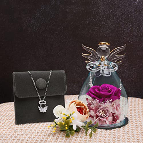 ANLUNOB 5.2×3.3inch Valentine's Day Glass Angel Gifts with I Love You Necklace in 100 Languages Purple Preserved Flowers, Christmas Birthday Gifts for Grandma Mom Women - Thumbnail 5