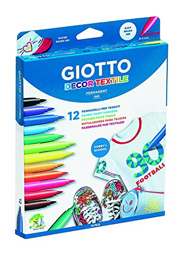 GIOTTO Decor Textile, Punta de Pincel, Estuche sin plástico, Colores Surtidos, 12 uds.
