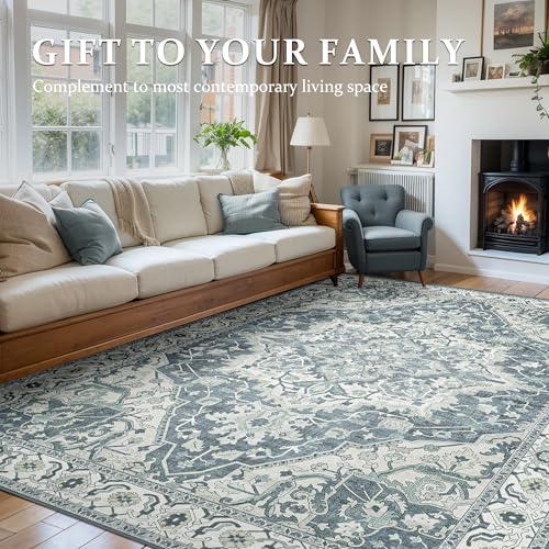 Boho Area Rug 6x9 Washable Large Vintage Rug for Living Room Bedroom Office Kitchen Entrance Dining Room Non Slip Soft Low-Pile Farmhouse, Canal Blue/Multi