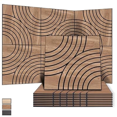 WoveN SounD Artisan Acoustic Wall Panels, 23.6x23.6 Inch 8 Pack, PVC Wood Grain Veneer Carved Sound Proof Wall Decor, Self-Adhesive for Home, Studio, Office & Focus Zones, Interlaced Arcs, Teak