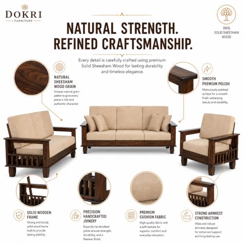 Image of Furniture Solid Sheesham 6 Seater Wooden Sofa for Living Room with Cushion|Solid Wood Six Seater 6-Person Sofa Set /Couch 3+2+1 for Bedroom,Home,Office & Lounge|Brown Finish