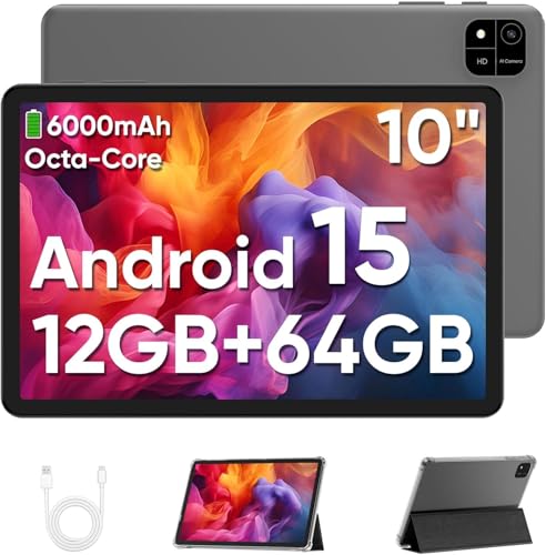 Image of Kids Tablet 10.1 Inch, Android 15, 64GB, Parent Control Black Case, 12GB RAM 64GB ROM 1TB TF Card Expandable for Toddler Children, Parental Control, Dual Camera, WiFi, Gift