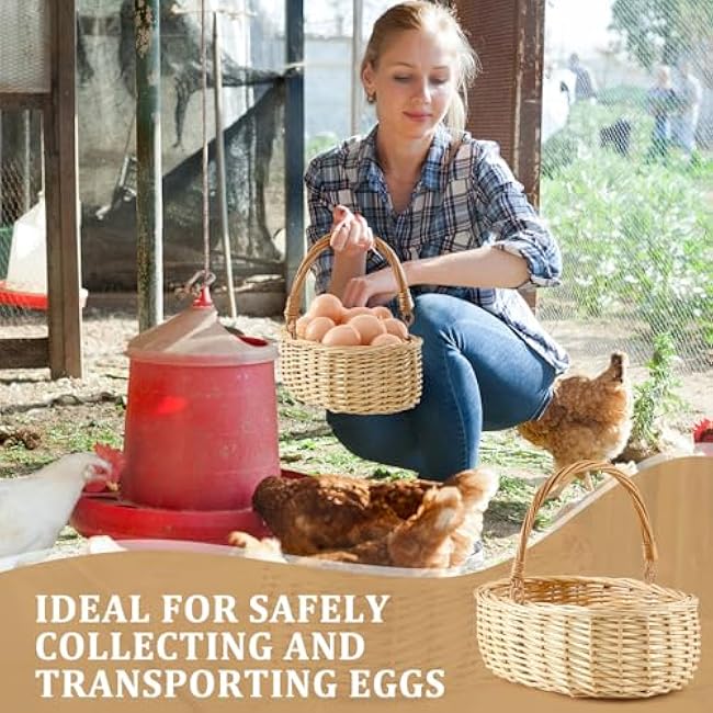 Sintuff 2 Size Small Egg Basket for Gathering Fresh Eggs with Handle Wicker Weave Collecting Basket Storage Holder for Easter Gift Transporting Farmhouse Fruits Chicken