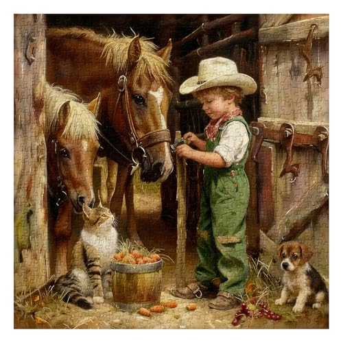 Rompecabezas de animales de granja para adultos, 1000 piezas, escena vintage de cowboy pequeño con caballos, gato y cachorro, rompecabezas artístico rústico de granja y granero miniatura 2