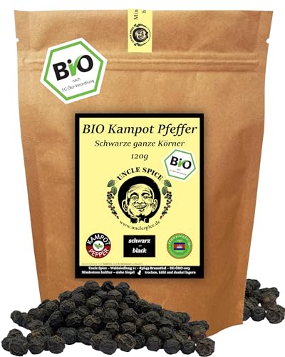 UNCLE SPICE® BIO schwarzer Kampot Pfeffer - 120g BIO Kampot Pfeffer schwarz - Premiumqualität - sonnengetrocknete Pfefferbeeren, BIO Pfefferkörner ganz, handverlesen für die Mühle, DE-ÖKO-005
