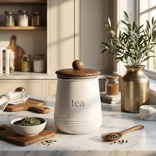 Image of Stylish Airtight Container for Kitchen, Tea Storage White, Metal with Wooden Lid & Spoon, 1000ml, Canister for Kitchen Counter top | Food-Safe Jar Set (Tea)
