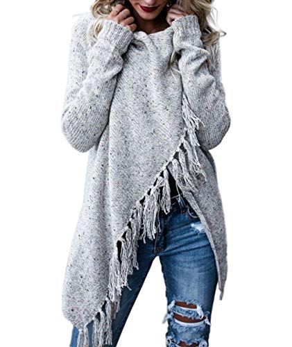 Image of Sexyshine Women's Casual Fall Knit Long Sleeve Tassels Irregular Loose Cardigan Pullover Striped Sweater Poncho