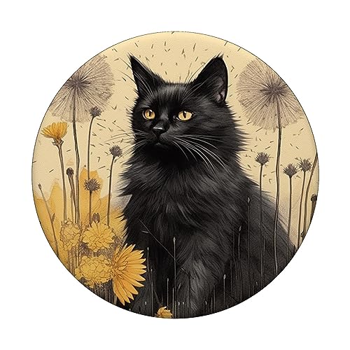 Black Cat Floral Dandelion Flower PopSockets Swappable PopGrip - Image 3