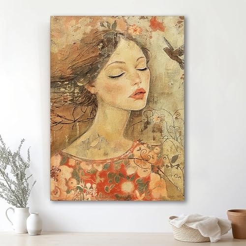 Image of PAINTINGMANTRA Abstract Dreamlike of Women and Nature in Orange, Red, and Brown | Digital Painting On Canvas Stretched on Wood | Suitable for Living Room, Bedroom, Office Decor (16x22 Inch)