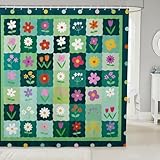 Photo Gallery manfei set di tende da doccia con fiori colorati, tenda da bagno floreale con margherite in stile cartone animato, per bambini e ragazze, motivo patchwork a quadri verdi, impermeabile, decorazione da Photo Gallery manfei set di tende da doccia con fiori colorati, tenda da bagno floreale con margherite in stile cartone animato, per bambini e ragazze, motivo patchwork a quadri verdi, impermeabile, decorazione da
