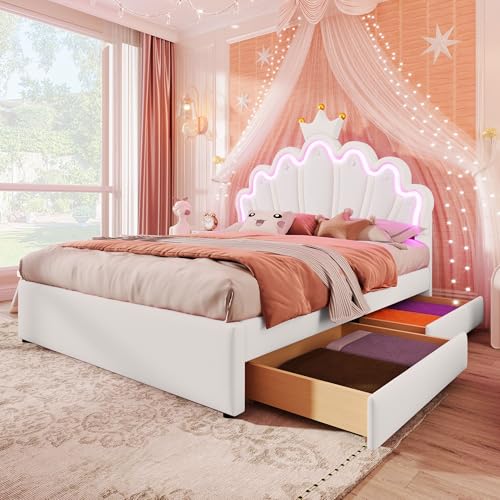 Lettino per bambini con 2 cassetti e lampade a LED, letto imbottito 140x200 cm con letto principesse a forma di corona,...