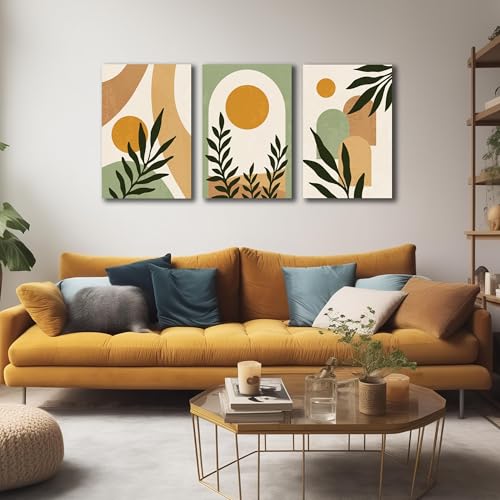 Image of Boho Sun Canvas Wall Art Set of 3, Neutral Abstract Minimalismt Bohemian Geometric & Botanical Plants Pictures Prints Artwork Paintings Wall Decor for Bedroom Living Room Home Decoration 16x24 inches