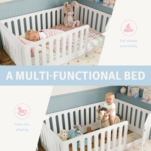 Image of Bellemave Twin Size Kids Montessori Floor Bed,Twin Size Floor Bed Frame with High Fence and Door,Solid Wood Montessori Bed for Girls Boys,White