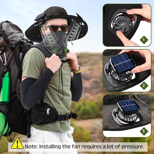 Image of Syhood 2 Set Solar Fan Hats with Neck Gaiters and Arm Sleeves, Wide Brim Fishing Hats for Men Women Outdoor Camping Gardening