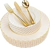YOUBET 125PCS Scalloped Plastic Plates - Ivory Scalloped Disposable Plates - Gold Plastic Dinnerware Set Include 50 Plates, 75 Gold Silverware for Party & Wedding & Christmas