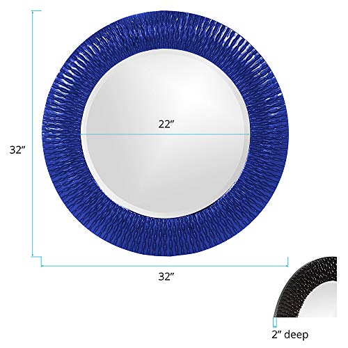 Image of Howard Elliott Collection Bergman Round Wall Mirror, Textured Ribbed Frame, Decorative Accent Mirror for Entryway, Bathroom or Bedroom, Ready to Hang, 32H x 32W x 1D, Royal Blue