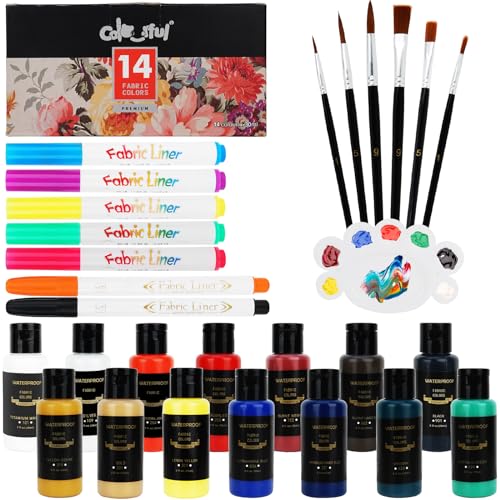 Colorful Kits de pintura y marcadores de tela, 21 colores, pintura permanente para ropa, pintura de tela no tóxica y bolígrafos para personalizar camisas, bolsos, sombreros, lona y textiles
