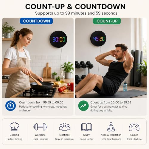 Image of HOME SKILL 10 inch RGB Digital Alarm Wall Clock Table Clock with Remote, Auto Dimmer,Temperature, Humidity, Dual Alarms, for Living Room, Gym, Garage, Gift, Home Decor (RGB Round WALL Clock)