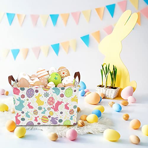 Image of CLOCOR Easter Eggs Basket Empty with Colorful Eggs-pattern,Rectangular Easter Gift Basket with Handles for Boys and Girls,Toys Bin,Room Decor(Easter Eggs Basket)