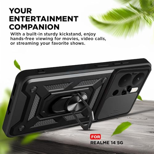 Image of Luxe Back Cover for Realme 14 5G | D10 Tough Armor | Sliding Camera Shield | 360 Protection | Kickstand Ring Holder | Military-Grade Shockproof Bumper