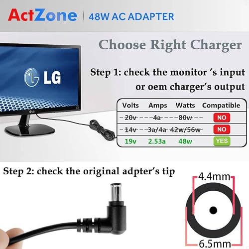 DC 19V Power Cord TV Charger for LG Electronics 19\" 20\" 22\" 23\" 24\" 27\" LED LCD Monitor Widescreen HDTV 24M47H-P 24MP55HQ, Samsung 32\" J5205 J5003 H5000 UN32J4000 UN32J4000AF UN32J5205 A4819-FDY