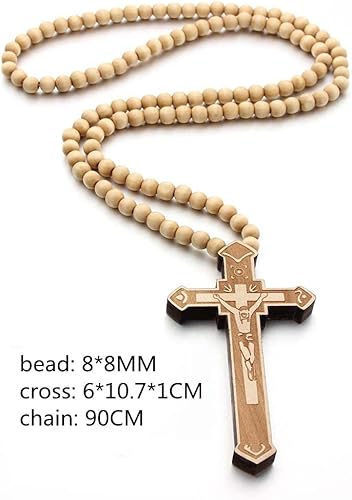 Miniatura 4 de COLORFUL BLING Cadenas de cuentas de madera natural, collares con colgante de cruz para hombres y mujeres, cristiano, religioso, católico, crucifijo
