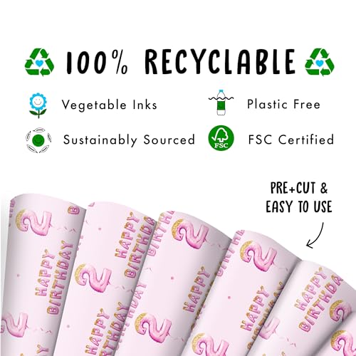 Pink Wrapping Paper - 6 Sheets Wrapping Paper for Girls - 2 Years Old - Happy Birthday Gift Wrap Age Two - Comes With Stickers - Recyclable - By Central 23 - Image 2