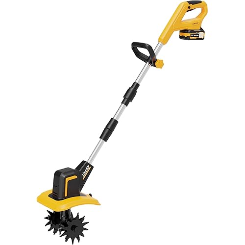 21V Cordless Tiller Cultivator, 400RPM Electric Rototiller with 48 Steel Tines, 4.0Ah Battery Powered Garden Tiller with 8-inch Width and 6-inch Depth, Tiller for Gardening and Soil - Yellow
